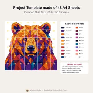 Patrón de edredón de oso, aplique termoadhesivo geométrico con borde sin rematar, patrón de edredón de animales en PDF, tapiz de pared de patchwork, plantilla de edredón de arte popular imagen 6