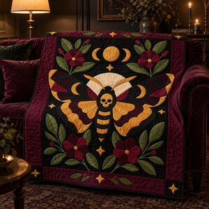 Death's Head Moth Quilt Pattern, Applique & Collage Quilt, Gothic Moth PDF Pattern, Patchwork Wall Hanging, Folk Art Quilt Template image 5