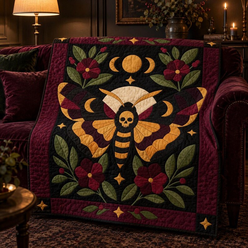 Death's Head Moth Quilt Pattern, Applique & Collage Quilt, Gothic Moth PDF Pattern, Patchwork Wall Hanging, Folk Art Quilt Template image 5