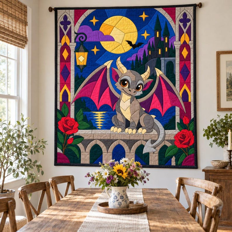 Modello per trapunta Baby Gargoyle, trapunta con applicazioni e collage, modello PDF per trapunta con animali fantastici, arazzo patchwork, modello per trapunta in stile folk art immagine 8