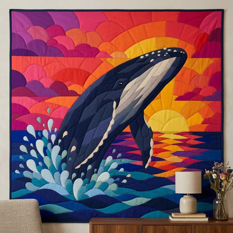 Humpback Whale Quilt Pattern, Raw Edge Fusible Applique PDF, Ocean Animal Quilt Pattern, Patchwork Wall Hanging, Folk Art Quilt Template image 6