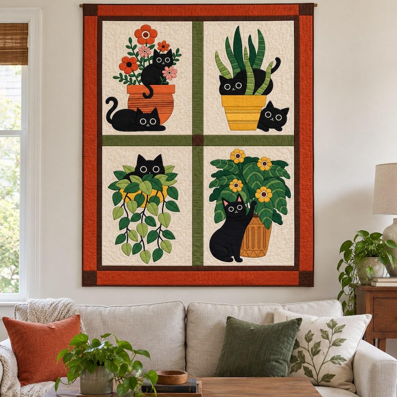 Black Cat Quilt Pattern, Applique & Collage Quilt, Houseplant Cat Quilt PDF, Patchwork Wall Hanging, Folk Art Animal Quilt Template image 3