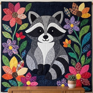 Raccoon Quilt Pattern, Raw Edge Fusible Applique, Animal Quilt Pattern PDF, Patchwork Wall Hanging, Folk Art Quilt Template image 2
