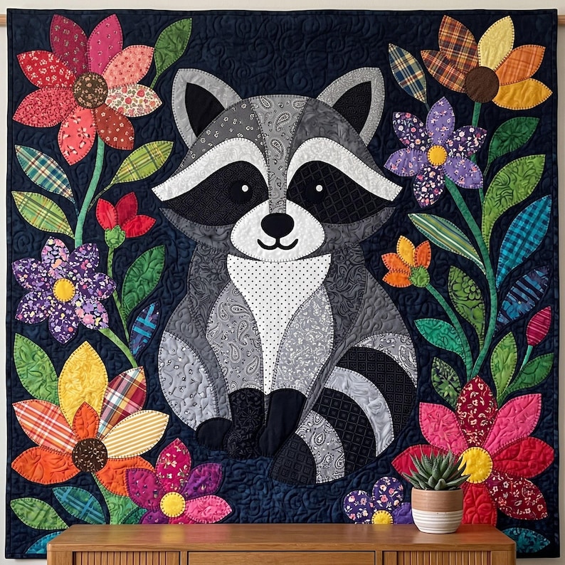 Raccoon Quilt Pattern, Raw Edge Fusible Applique, Animal Quilt Pattern PDF, Patchwork Wall Hanging, Folk Art Quilt Template image 2
