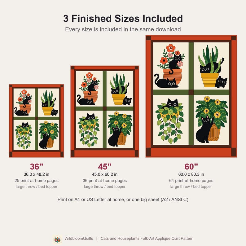 Black Cat Quilt Pattern, Applique & Collage Quilt, Houseplant Cat Quilt PDF, Patchwork Wall Hanging, Folk Art Animal Quilt Template image 4
