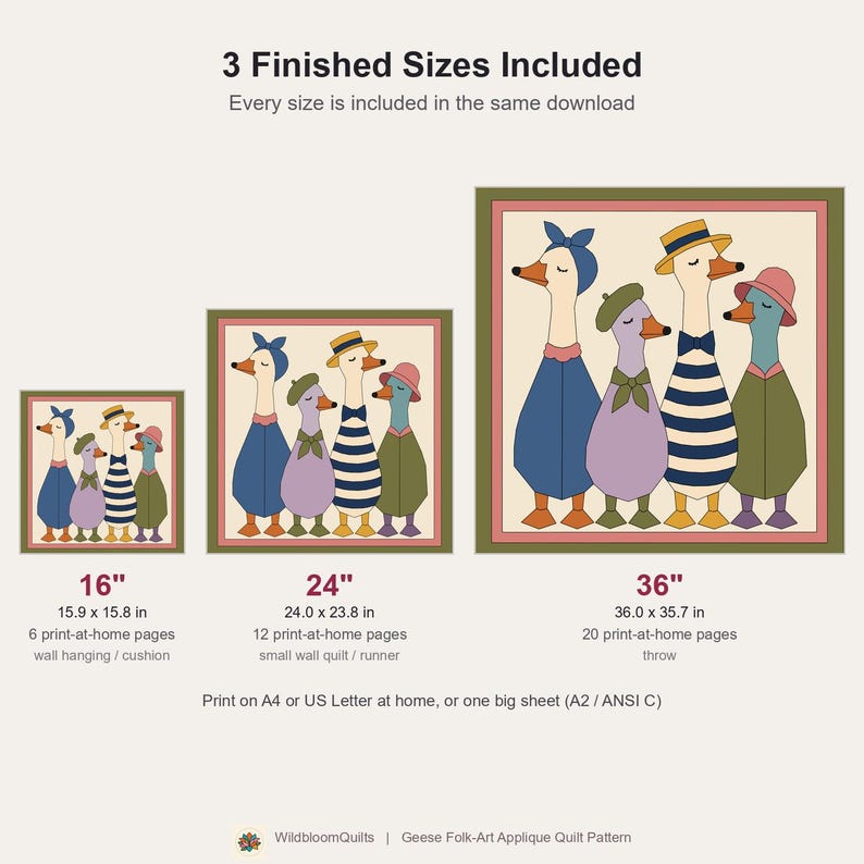 Dressed Geese Quilt Pattern, 2 Designs & 5 Sizes up to 60in, Raw Edge Fusible Applique, Animal Quilt Pattern PDF, Folk Art Geese Bed Quilt image 10