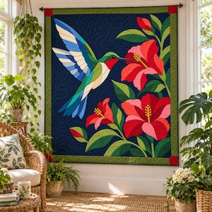Patrón de colcha de colibrí, colcha de apliques y collage, patrón de colcha de pájaros en PDF, tapiz de pared de hibisco, plantilla de colcha de arte popular imagen 15