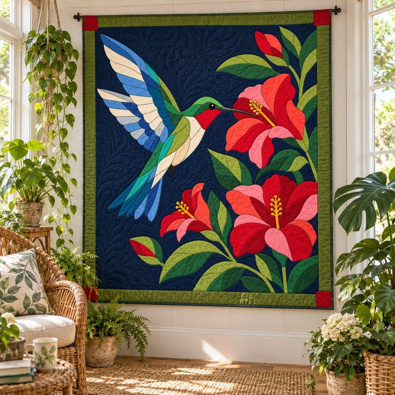 Patrón de colcha de colibrí, colcha de apliques y collage, patrón de colcha de pájaros en PDF, tapiz de pared de hibisco, plantilla de colcha de arte popular imagen 15