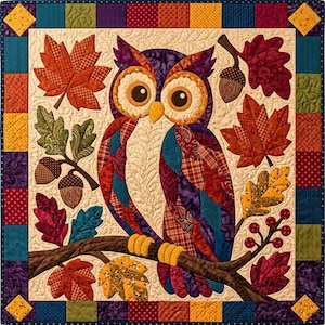 Herfstuil quiltpatroon, rafelige rand applicatie met strijkapplicatie, dieren quiltpatroon PDF, patchwork wandkleed, volkskunst herfst quilt sjabloon afbeelding 3