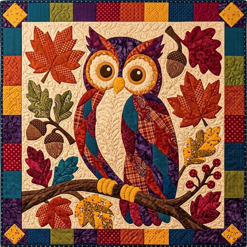 Herfstuil quiltpatroon, rafelige rand applicatie met strijkapplicatie, dieren quiltpatroon PDF, patchwork wandkleed, volkskunst herfst quilt sjabloon afbeelding 3