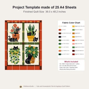 Black Cat Quilt Pattern, Applique & Collage Quilt, Houseplant Cat Quilt PDF, Patchwork Wall Hanging, Folk Art Animal Quilt Template image 5