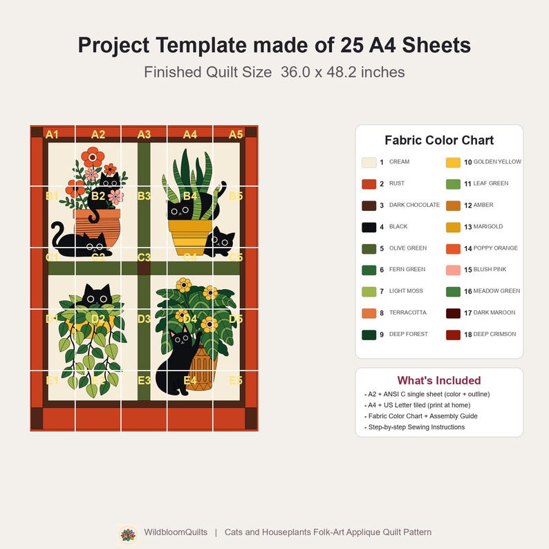 Black Cat Quilt Pattern, Applique & Collage Quilt, Houseplant Cat Quilt PDF, Patchwork Wall Hanging, Folk Art Animal Quilt Template image 5