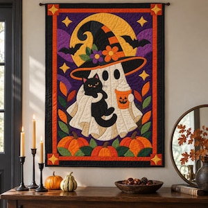 Halloween Ghost Quilt Pattern, Applique & Collage Quilt, Black Cat Quilt Pattern PDF, Patchwork Wall Hanging, Witch Hat Pumpkin Template image 10