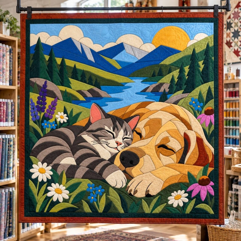 Sleeping Cat and Dog Quilt Pattern, Applique & Collage Quilt PDF, Pet Animal Quilt Pattern, Patchwork Wall Hanging, Folk Art Quilt Template image 5