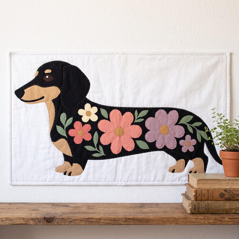Dachshund Quilt Pattern, Dog Wall Hanging Quilt Pattern PDF, Easy Floral Applique Quilt for Beginners, Doxie Gift, Raw Edge Fusible Applique image 2