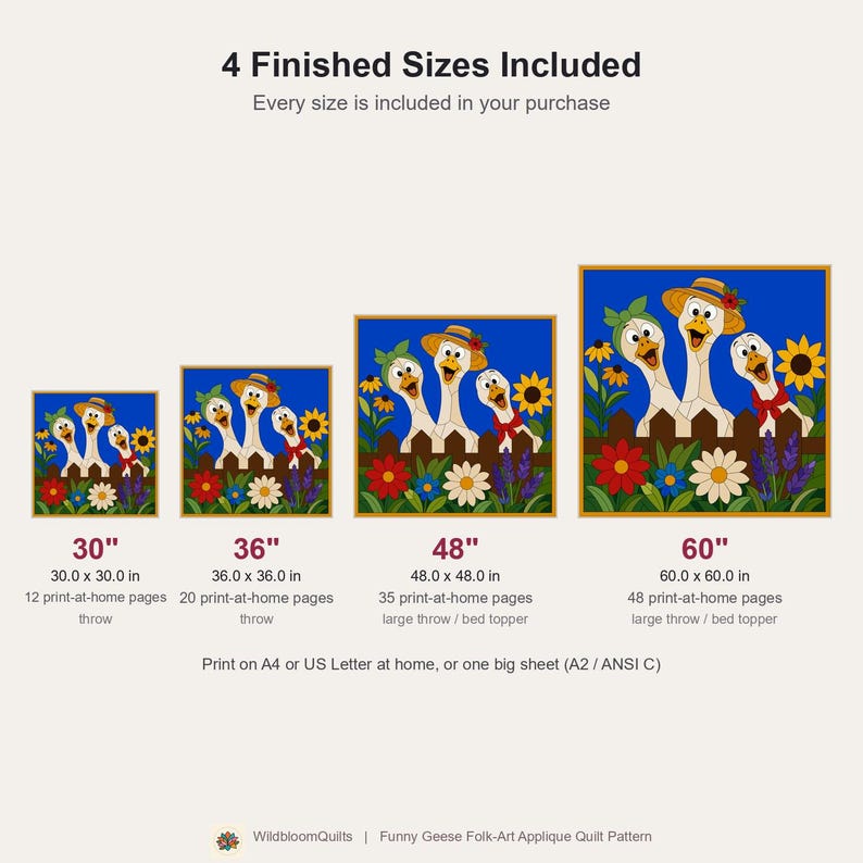 Funny Geese Quilt Pattern, Raw Edge Fusible Applique, Animal Quilt Pattern PDF, Patchwork Wall Hanging, Folk Art Quilt Template image 3