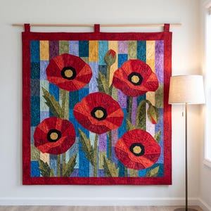Klaprozenquiltpatroon, applicatie met rafelige rand en strijkapplicatie, bloemenquiltpatroon (PDF), patchwork wandkleed, sjabloon voor een quilt in volkskunststijl afbeelding 18