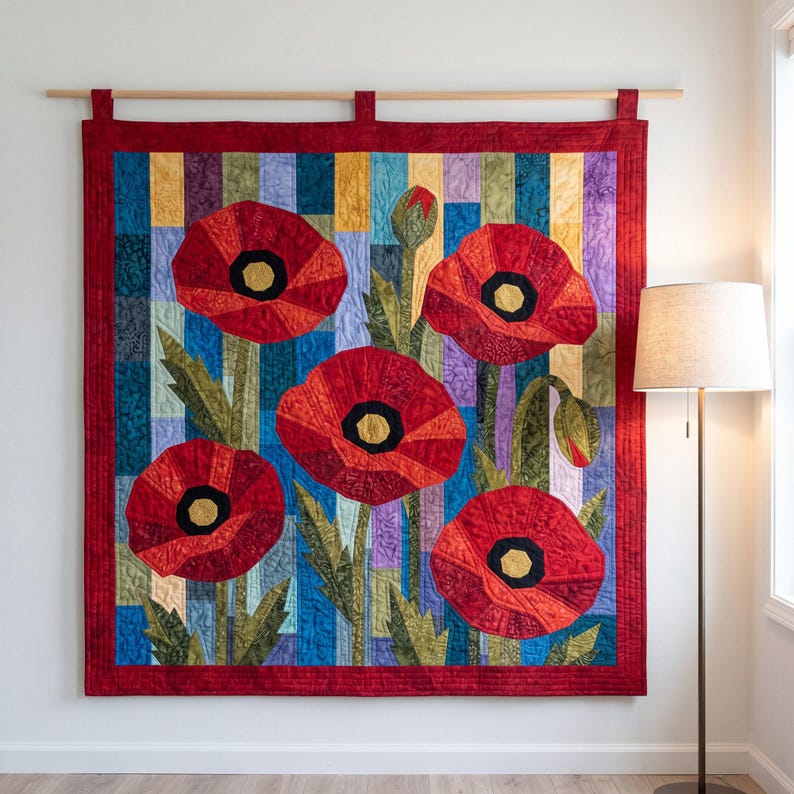 Klaprozenquiltpatroon, applicatie met rafelige rand en strijkapplicatie, bloemenquiltpatroon (PDF), patchwork wandkleed, sjabloon voor een quilt in volkskunststijl afbeelding 18