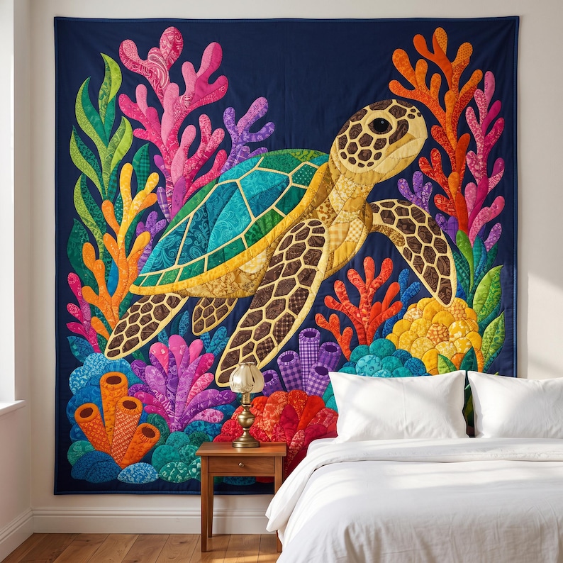 K&ouml;nnte beinhalten: Ein rechteckiger Wandbehang mit einer gro&szlig;en Meeresschildkr&ouml;te vor einem dunkelblauen Hintergrund. Die Schildkr&ouml;te ist von leuchtend bunten Korallen und Seetang in den Farben Pink, Orange, Gelb, Gr&uuml;n und Violett umgeben.