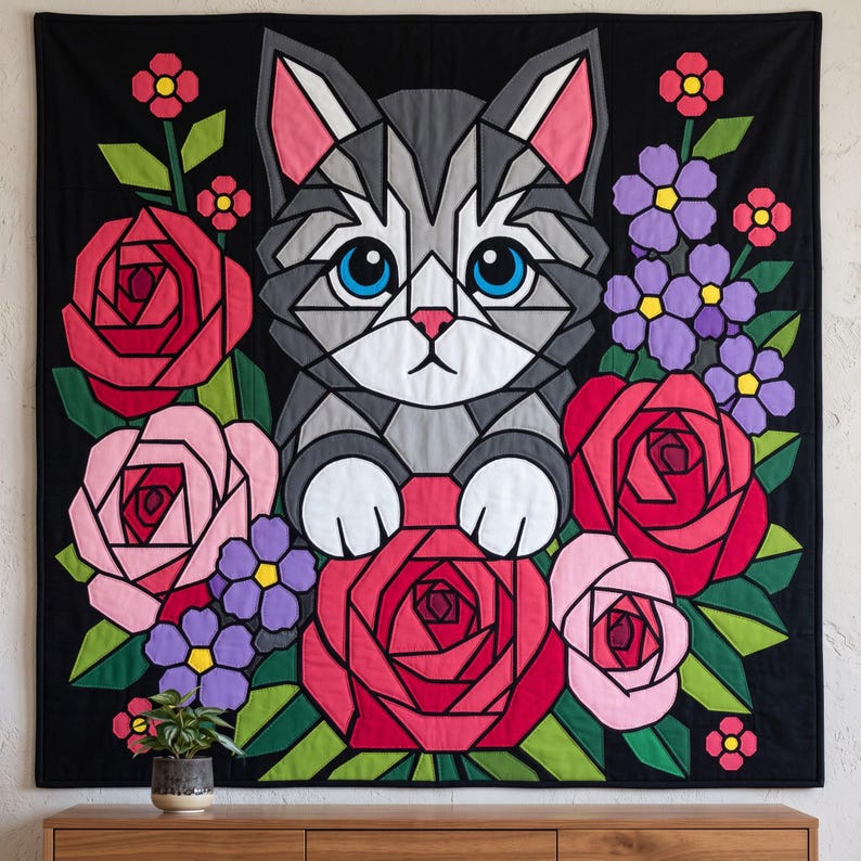 Cat with Roses Quilt Pattern, Cat Wall Hanging Quilt Pattern PDF, Floral Applique Quilt Pattern, Raw Edge Fusible Applique image 5