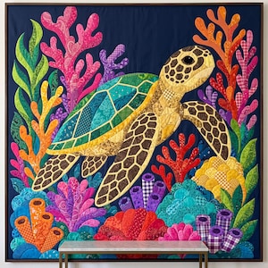 Quiltmuster Meeresschildkröten, PDF-Vorlage für Applikationen mit offenen Kanten, Quiltmuster Meerestiere, Wandbehang Korallenriff, Patchwork-Vorlage im Stil der Volkskunst Bild 5