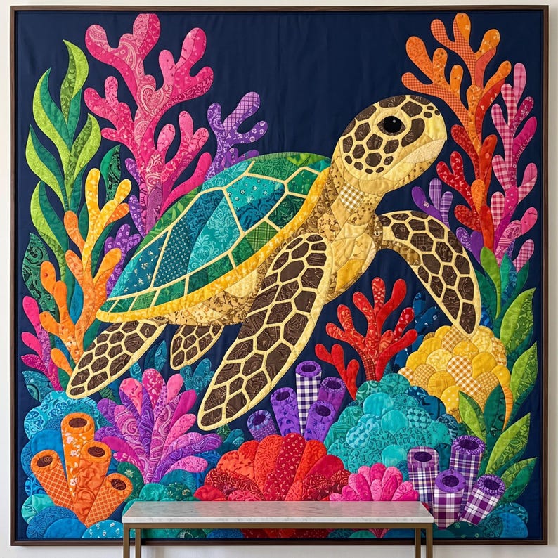 Quiltmuster Meeresschildkröten, PDF-Vorlage für Applikationen mit offenen Kanten, Quiltmuster Meerestiere, Wandbehang Korallenriff, Patchwork-Vorlage im Stil der Volkskunst Bild 5