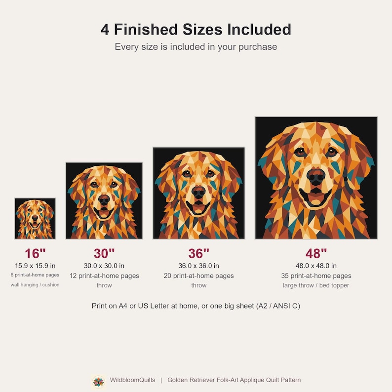 Golden Retriever Quilt Pattern, Dog Wall Hanging Quilt Pattern PDF, Applique Quilt Pattern, Dog Lover Gift, Raw Edge Fusible Applique image 3