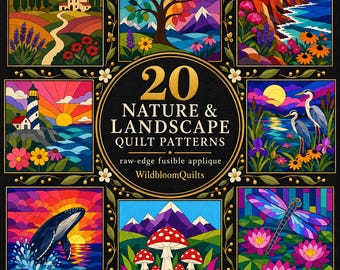 Paquete de 20 patrones de patchwork inspirados en la naturaleza, patrones de patchwork florales con apliques de paisajes en formato PDF, tapiz mural con diseño de jardín costero oceánico toscano, descarga instantánea.