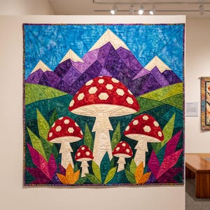 May include: A square fabric quilt featuring a landscape scene with purple and white mountains against a blue sky. The foreground displays five red and white spotted mushrooms surrounded by green, yellow, and magenta foliage and leaves.