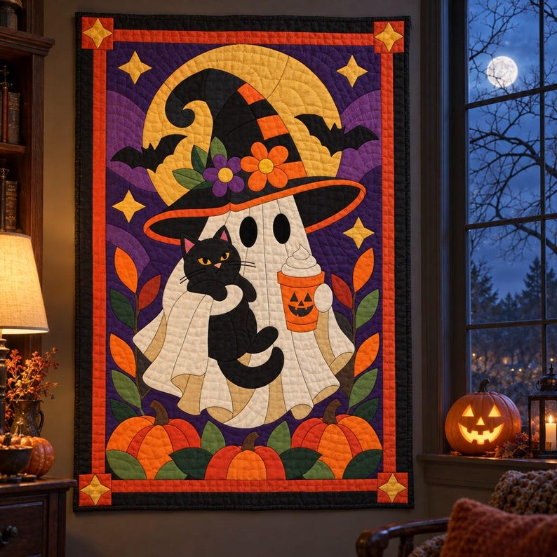 Halloween Ghost Quilt Pattern, Applique & Collage Quilt, Black Cat Quilt Pattern PDF, Patchwork Wall Hanging, Witch Hat Pumpkin Template image 12