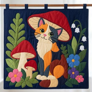猫とキノコのキルトパターン、切りっぱなしの接着芯アップリケPDF、キャリコ猫キルトパターン、パッチワーク壁掛け、フォークアートキルトテンプレート 画像 8