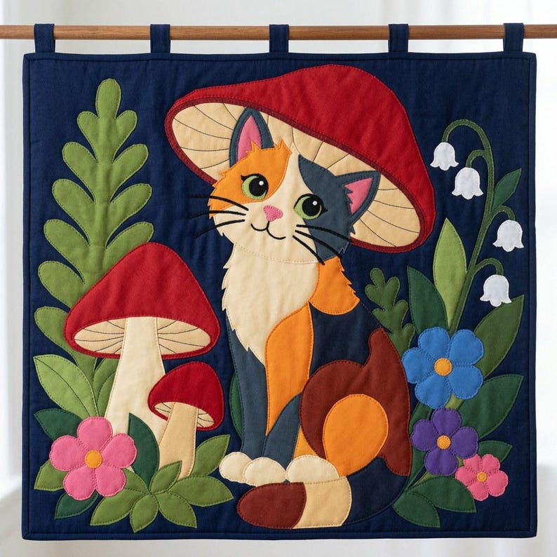 猫とキノコのキルトパターン、切りっぱなしの接着芯アップリケPDF、キャリコ猫キルトパターン、パッチワーク壁掛け、フォークアートキルトテンプレート 画像 8