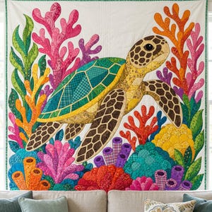 Quiltmuster Meeresschildkröten, PDF-Vorlage für Applikationen mit offenen Kanten, Quiltmuster Meerestiere, Wandbehang Korallenriff, Patchwork-Vorlage im Stil der Volkskunst Bild 17