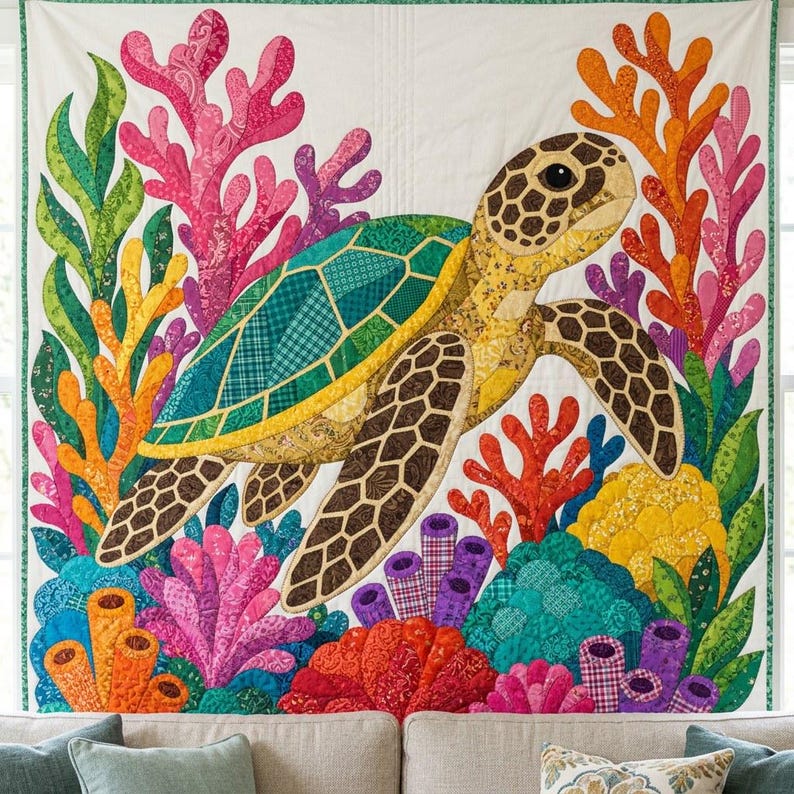 Quiltmuster Meeresschildkröten, PDF-Vorlage für Applikationen mit offenen Kanten, Quiltmuster Meerestiere, Wandbehang Korallenriff, Patchwork-Vorlage im Stil der Volkskunst Bild 17