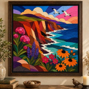 Quiltmuster „Wildblumen an Küstenklippen“, Applikations- und Collage-Quilt, Landschafts-Quiltmuster (PDF), Applikation mit offener Kante zum Aufbügeln Bild 4