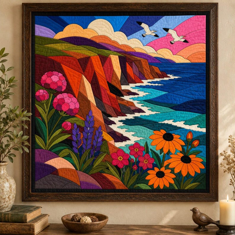 Quiltmuster „Wildblumen an Küstenklippen“, Applikations- und Collage-Quilt, Landschafts-Quiltmuster (PDF), Applikation mit offener Kante zum Aufbügeln Bild 4