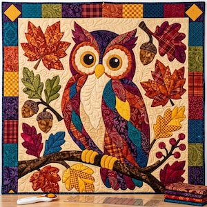 Herfstuil quiltpatroon, rafelige rand applicatie met strijkapplicatie, dieren quiltpatroon PDF, patchwork wandkleed, volkskunst herfst quilt sjabloon afbeelding 9