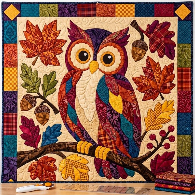 Herfstuil quiltpatroon, rafelige rand applicatie met strijkapplicatie, dieren quiltpatroon PDF, patchwork wandkleed, volkskunst herfst quilt sjabloon afbeelding 9
