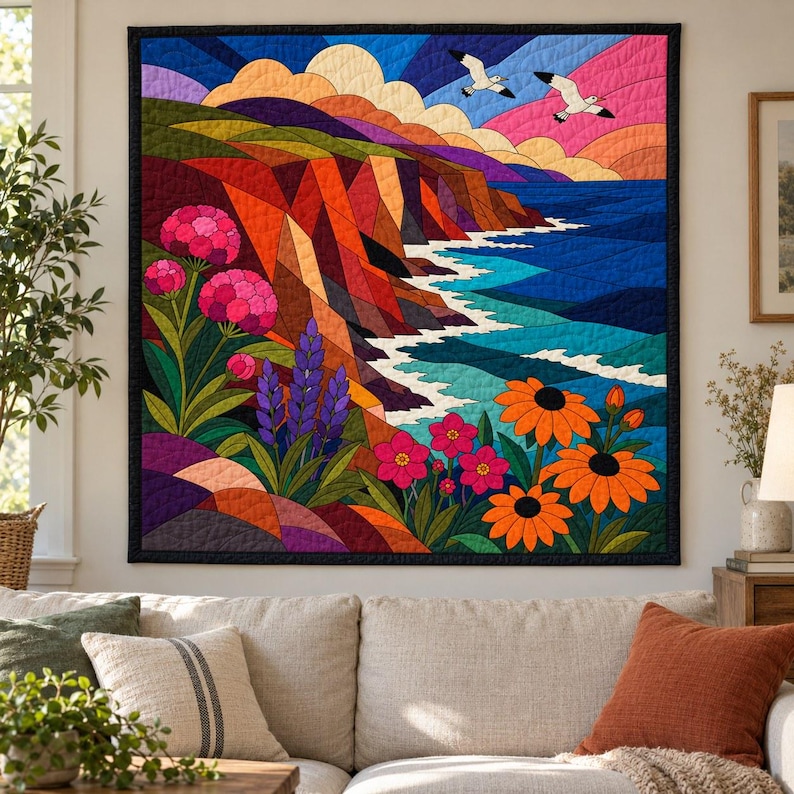 Quiltmuster „Wildblumen an Küstenklippen“, Applikations- und Collage-Quilt, Landschafts-Quiltmuster (PDF), Applikation mit offener Kante zum Aufbügeln Bild 5