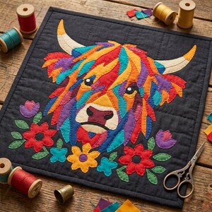 Highland Cow Quilt Pattern, Cow Wall Hanging Quilt Pattern PDF, Easy Applique Quilt for Beginners, Raw Edge Fusible Applique image 2
