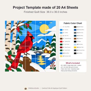 Quiltmuster „Winterkardinal“, Applikations- und Collage-Quilt, Vogel-Quiltmuster (PDF), Patchwork-Wandbehang, Quiltvorlage im Stil der Volkskunst Bild 15