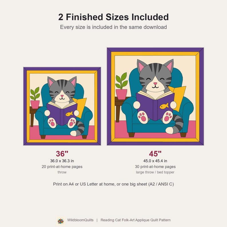 Reading Cat Quilt Pattern, Raw Edge Fusible Applique, Cat Quilt Pattern PDF, Patchwork Wall Hanging, Folk Art Quilt Template image 13