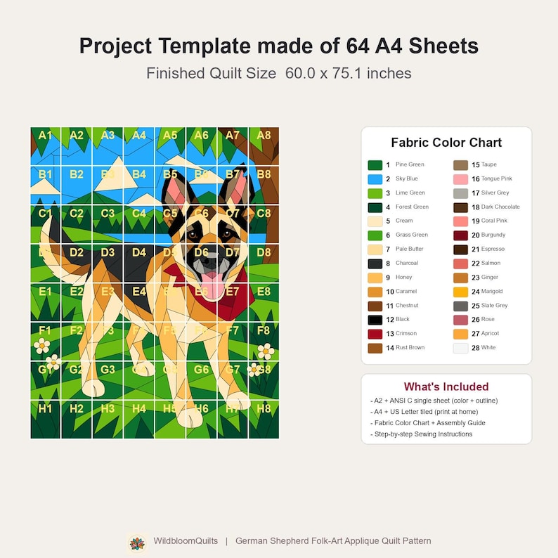 Quiltmuster für einen Deutschen Schäferhund, Applikations- und Collage-Hundequilt, Tierquiltmuster (PDF), Patchwork-Wandbehang, Quiltvorlage im Volkskunststil Bild 18