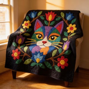 Cat Quilt Pattern, Floral Cat Wall Hanging Quilt Pattern PDF, Easy Applique Quilt for Beginners, Cat Lover Gift, Raw Edge Fusible Applique image 6