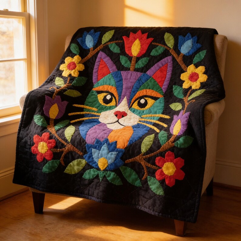 Cat Quilt Pattern, Floral Cat Wall Hanging Quilt Pattern PDF, Easy Applique Quilt for Beginners, Cat Lover Gift, Raw Edge Fusible Applique image 6