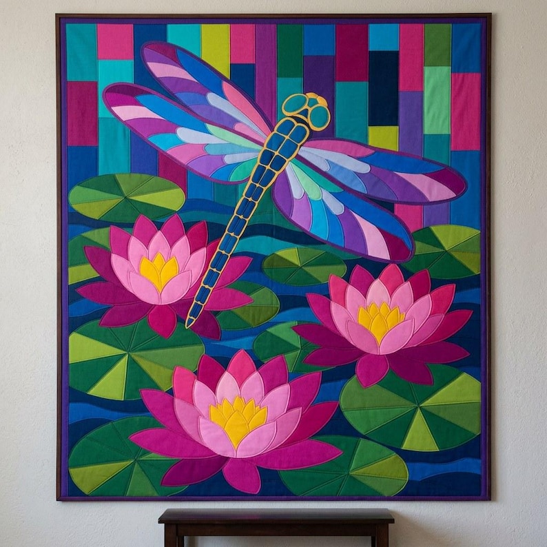 Dragonfly Waterlily Quilt Pattern, Raw Edge Fusible Applique PDF, Pond Folk Art Quilt Template, Patchwork Wall Hanging, Animal Quilt Pattern image 4