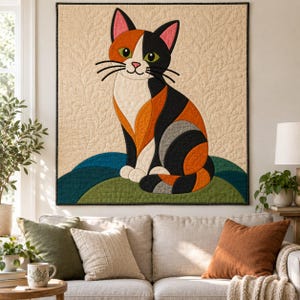 Calico Cat Quilt Pattern, Applique & Collage Quilt, Cat Quilt Pattern PDF, Patchwork Wall Hanging, Folk Art Quilt Template image 12