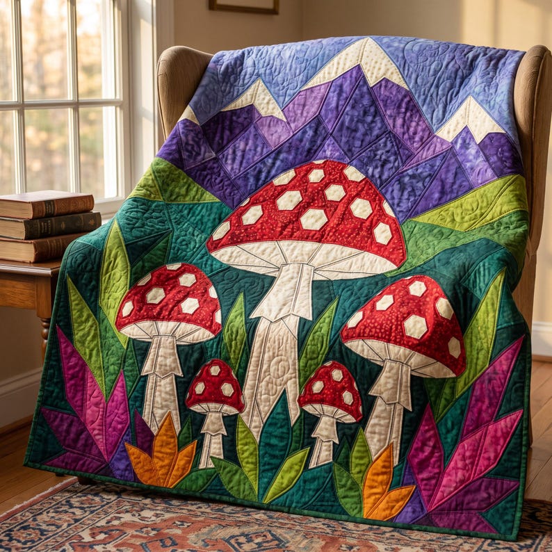 Mushroom Mountain Quilt Pattern, Raw Edge Fusible Applique, Toadstool Quilt Pattern PDF, Patchwork Wall Hanging, Folk Art Quilt Template image 19