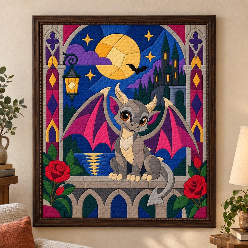 Modello per trapunta Baby Gargoyle, trapunta con applicazioni e collage, modello PDF per trapunta con animali fantastici, arazzo patchwork, modello per trapunta in stile folk art immagine 3