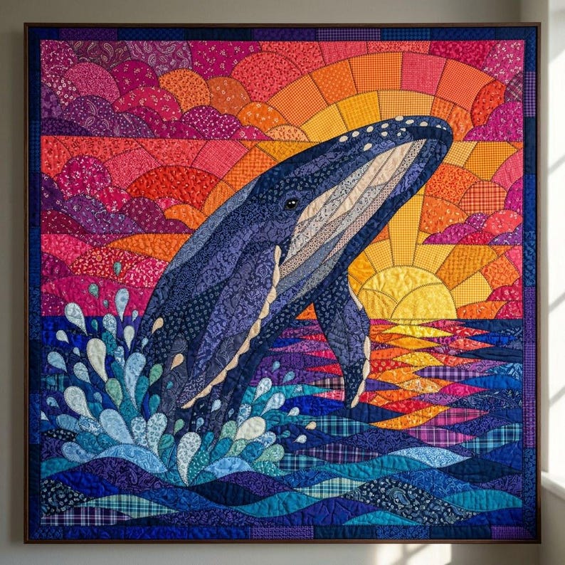 Humpback Whale Quilt Pattern, Raw Edge Fusible Applique PDF, Ocean Animal Quilt Pattern, Patchwork Wall Hanging, Folk Art Quilt Template image 4